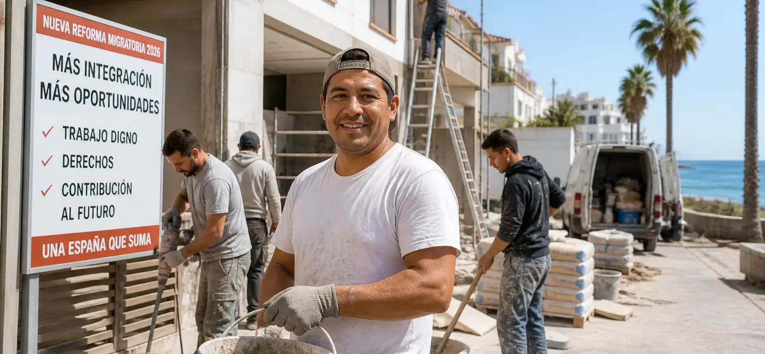 Lateinamerikanischer Bauarbeiter auf einer Costa-Blanca-Baustelle mit Reforma-Migratoria-2026-Schild — Trabajo digno, Derechos, Contribución al futuro